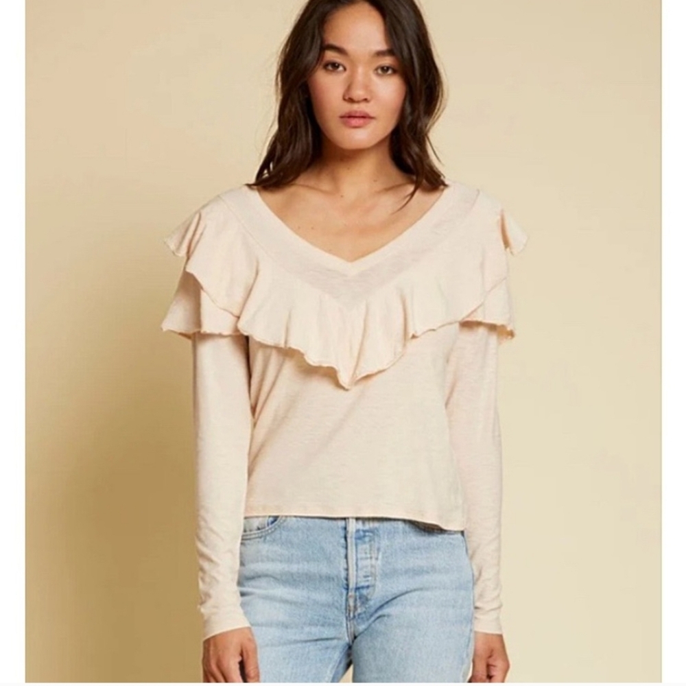 Nation LTD Long Sleeve Ruffle V-Neck Top in Light Cream